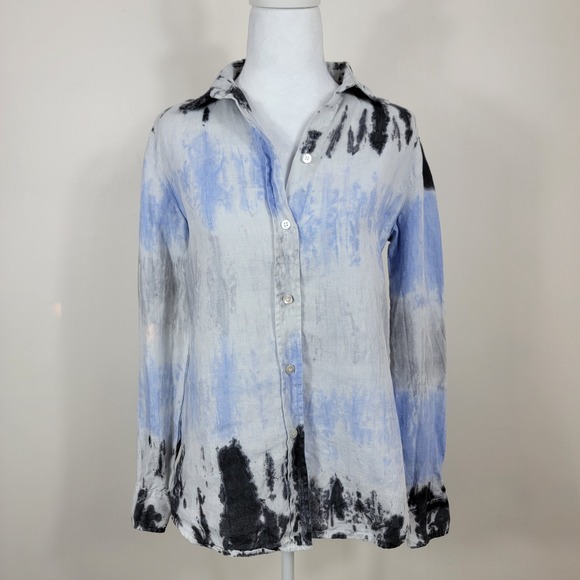 Pure Amici Linen Button Down Shirt Womens XS Blue Black Ombre Affect Boho Chic - Picture 1 of 8